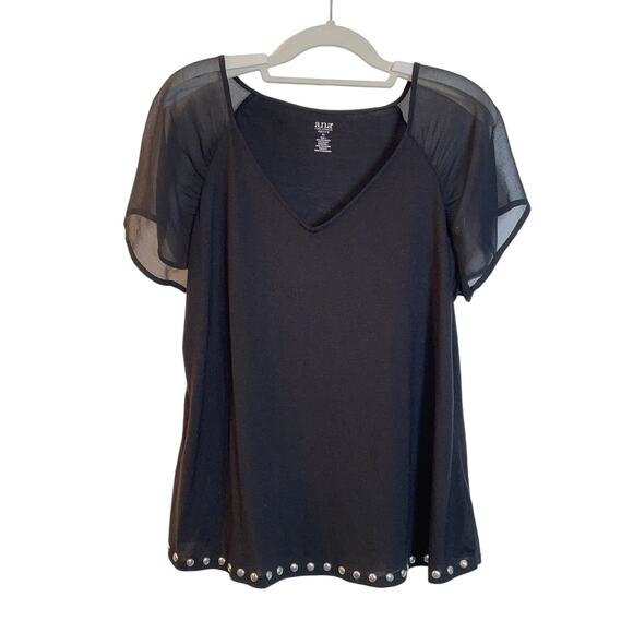 a.n.a. Black Top -‎ Size PL - Sheer Capped Sleeves with Rivet Detail at Hem - Picture 1 of 9